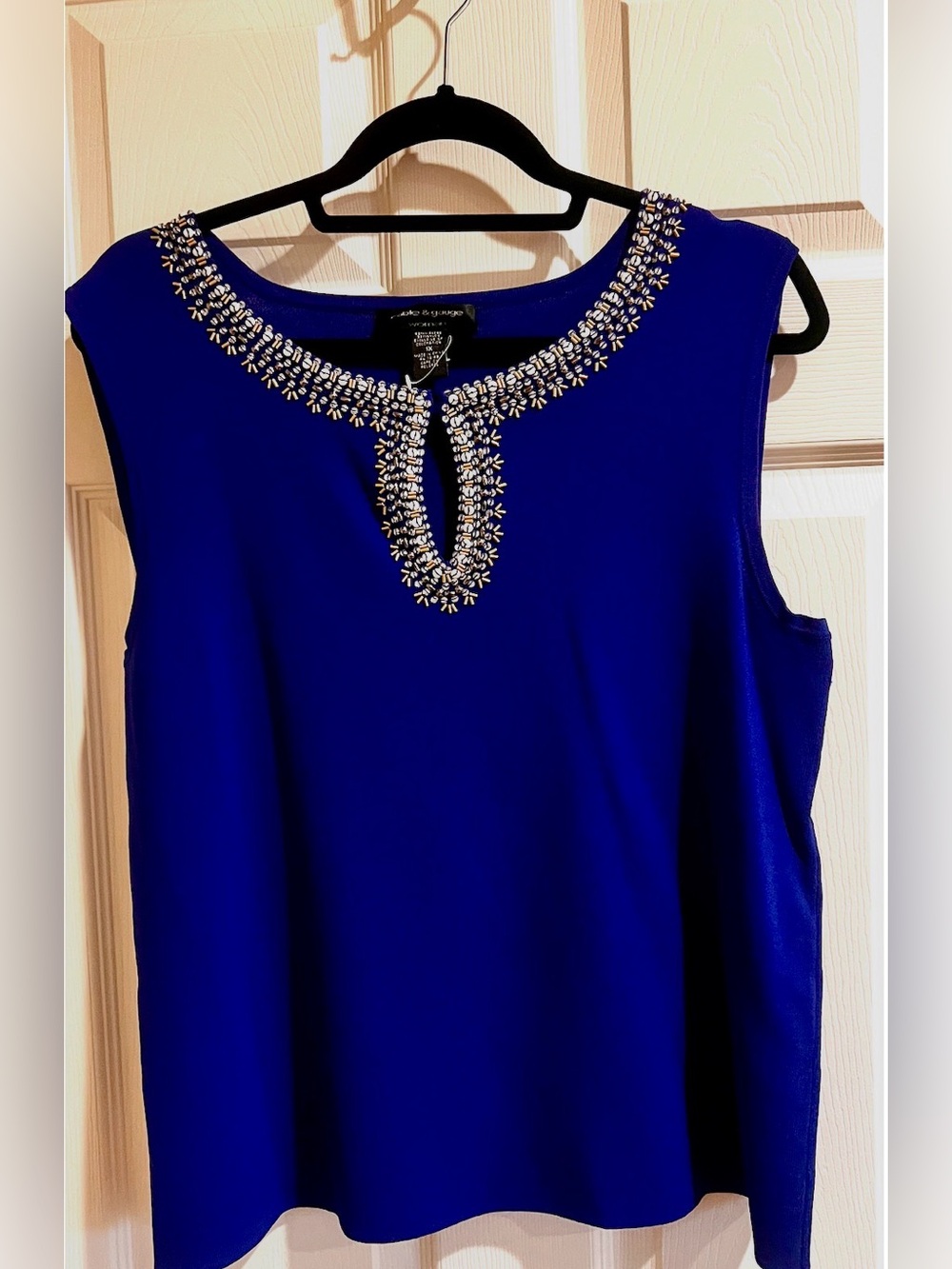 Cable & Gauge Sophisticated Royal Blue Jeweled Neckline Sleeveless Top